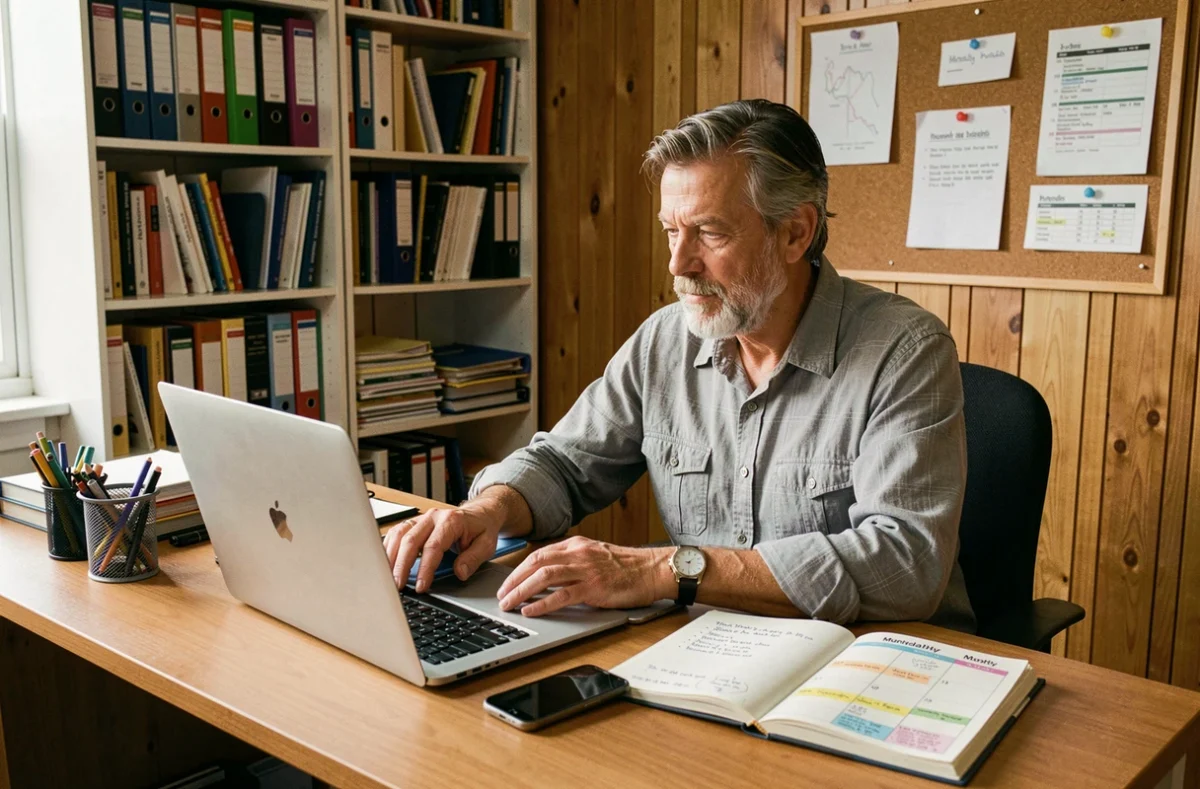 Homme consultant son agenda et son téléphone pour vérifier les dates de versement de pension invalidité en 2026