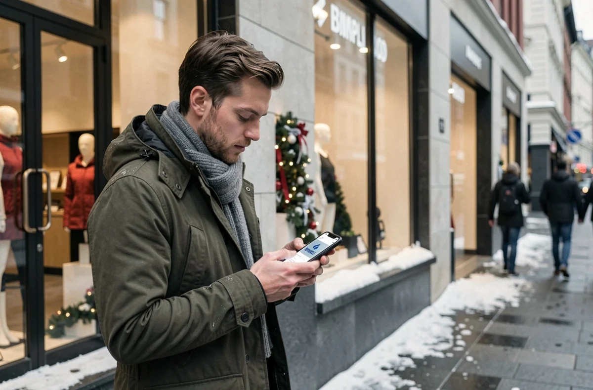 Homme utilisant l'application Bimpli CADO sur son smartphone devant une enseigne commerciale en hiver