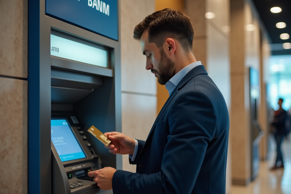 Homme élégant retirant de l'argent à un distributeur