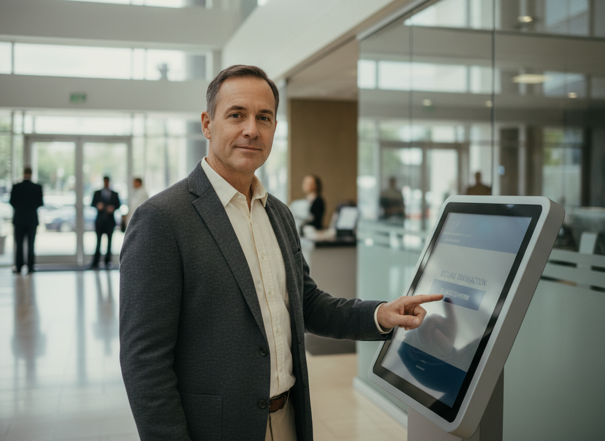 Homme d age utilisant un kiosque dans une banque moderne