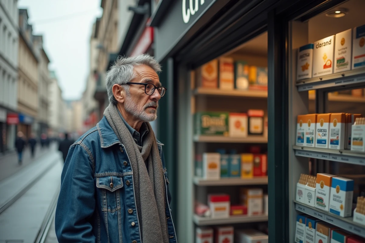 Homme belge en denim regardant une vitrine de cigarettes