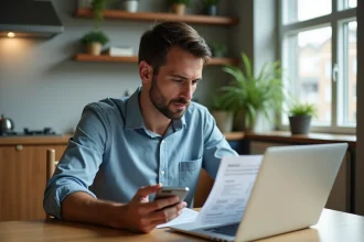 Homme regardant sa facture de téléphone avec son ordinateur