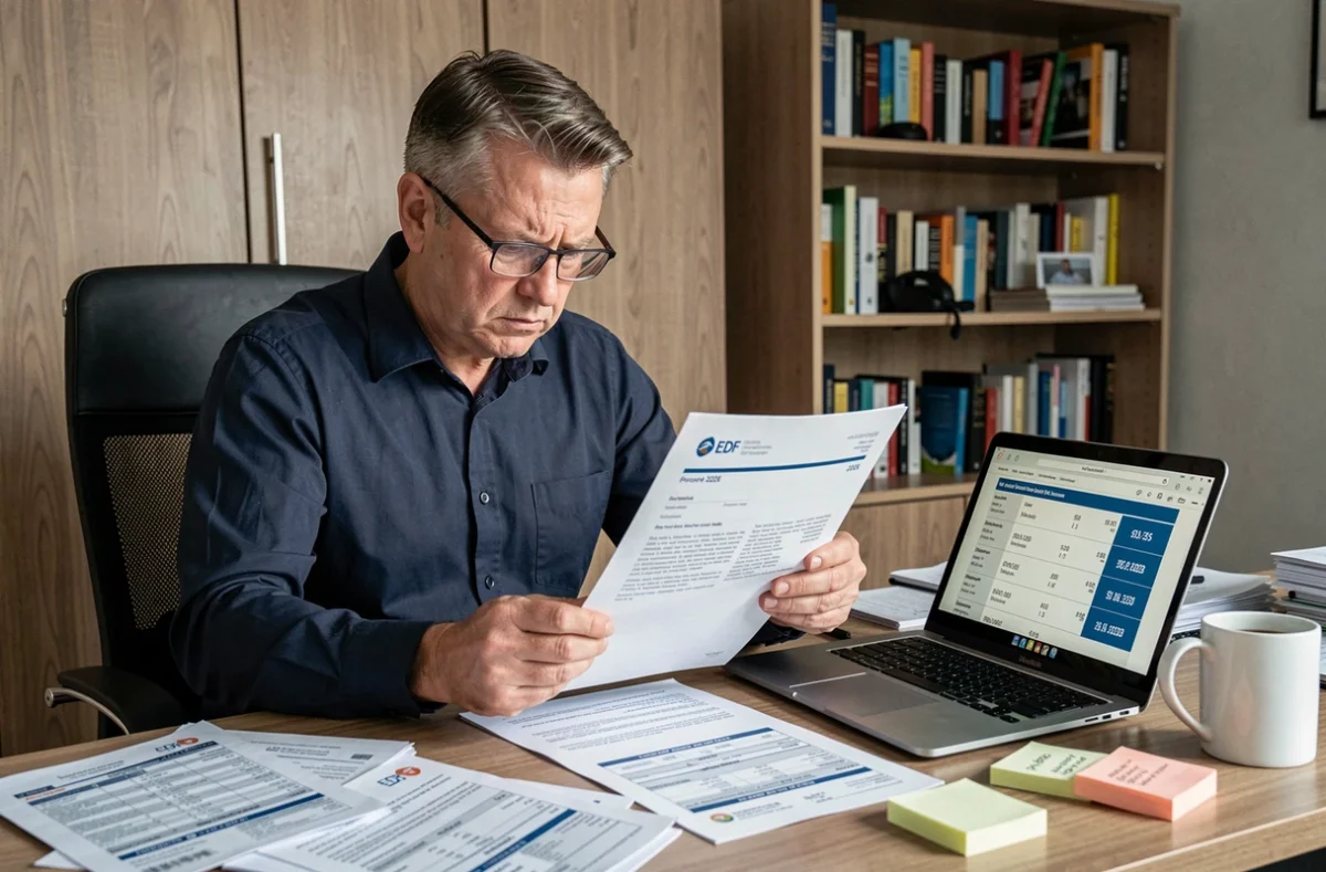 Homme lisant les mises à jour officielles EDF heures creuses sur ordinateur dans un bureau à domicile