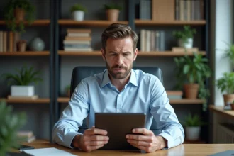 Homme d'âge moyen au bureau avec tablette et graphique