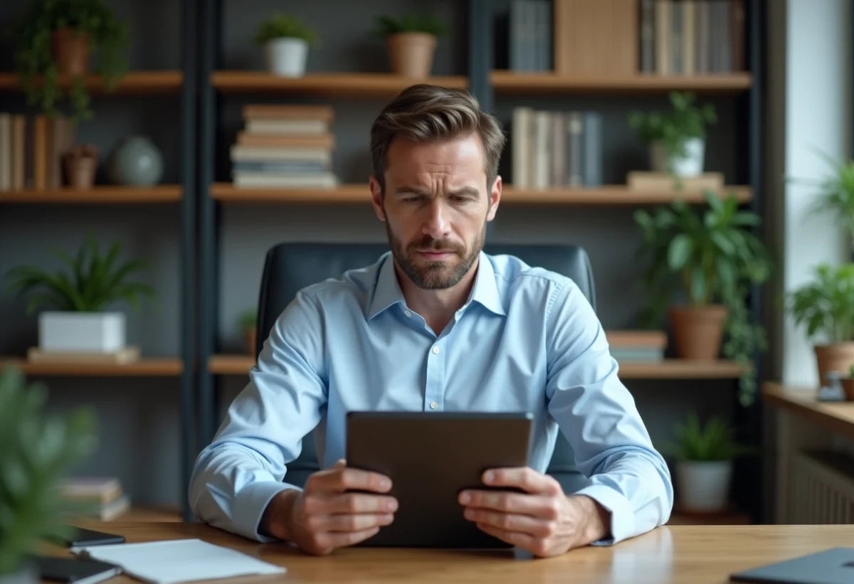 Homme d'âge moyen au bureau avec tablette et graphique