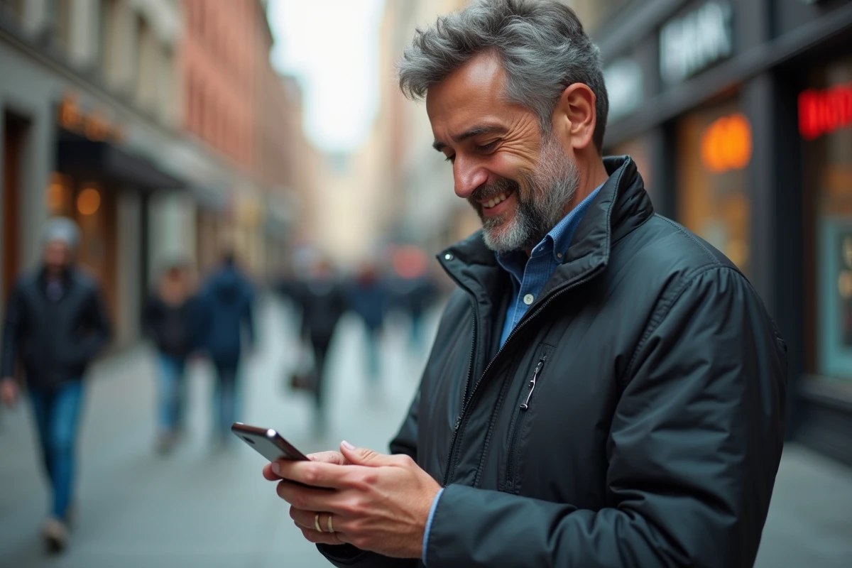 Homme consultant une page de cagnotte sans frais sur son smartphone en ville