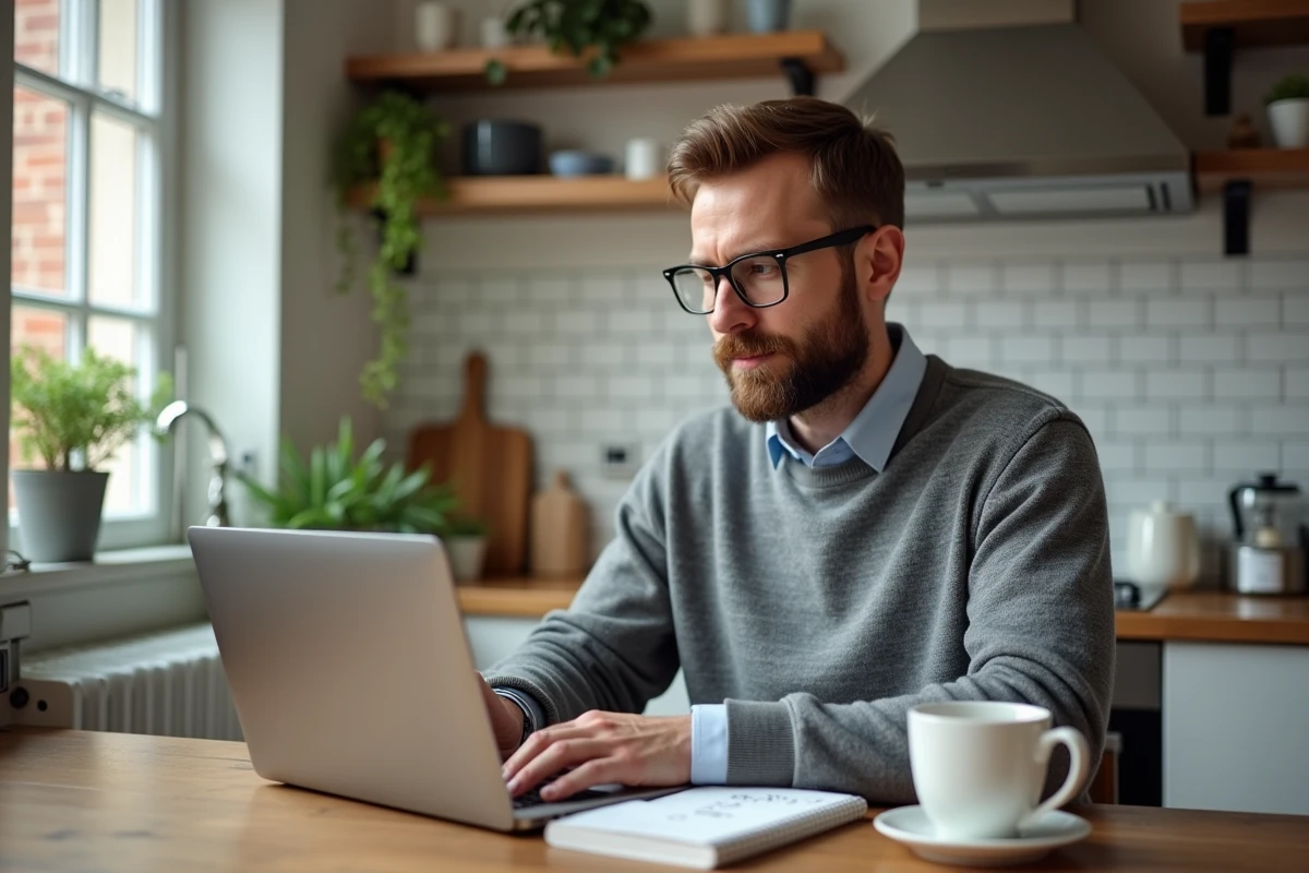 Homme utilisant un calculateur de salaire en ligne pour estimer son salaire net à partir de 2200 euros brut