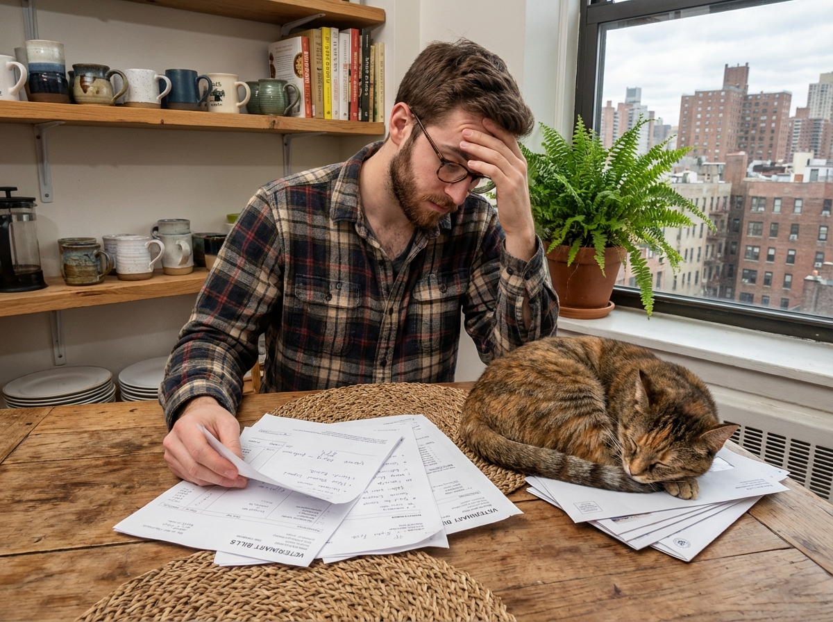 Homme vérifiant factures avec son chat sur la table