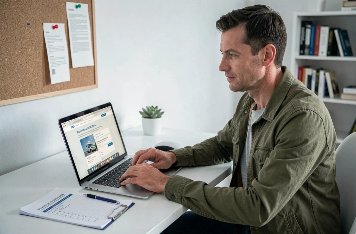 Un homme compare des offres d'assurance emprunteur en ligne depuis son bureau à domicile pour profiter du droit à l'oubli