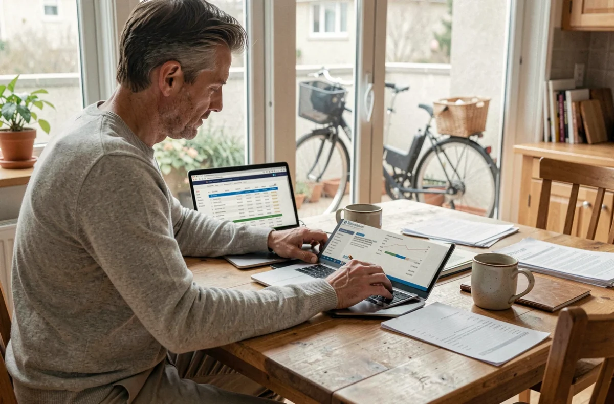 Homme comparant des tarifs d'assurance vélo électrique sur un ordinateur portable à la maison