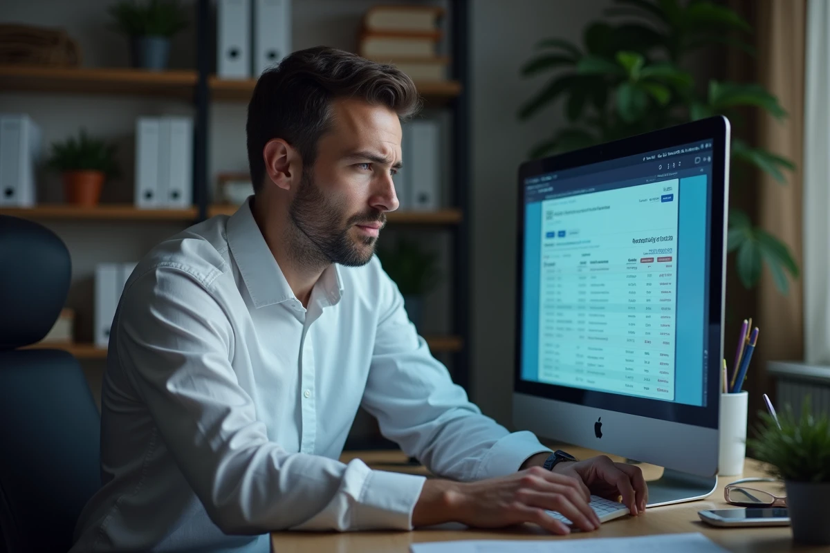 Homme confus consultant son compte bancaire en ligne face à un débit inexpliqué de 108 euros sur ordinateur