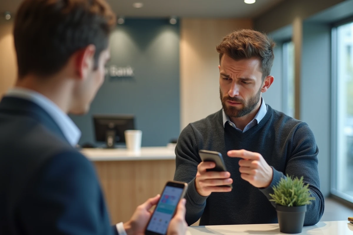 Jeune homme préoccupé montrant son smartphone avec des frais bancaires inattendus