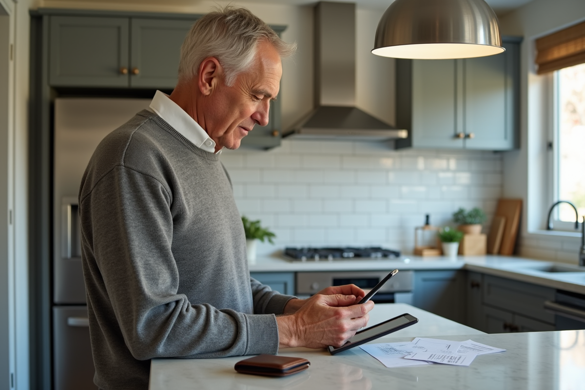 Homme vérifiant un paiement sur sa tablette dans la cuisine