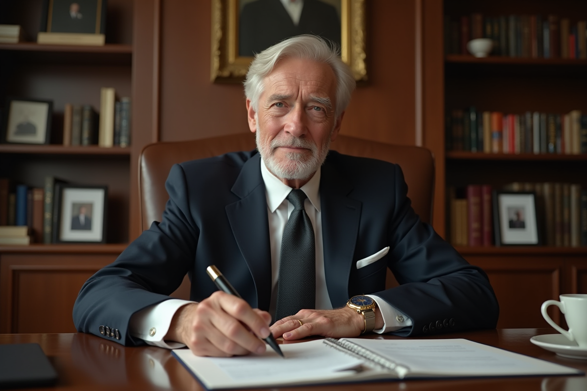 Homme d'affaires âgé signant des documents dans son bureau