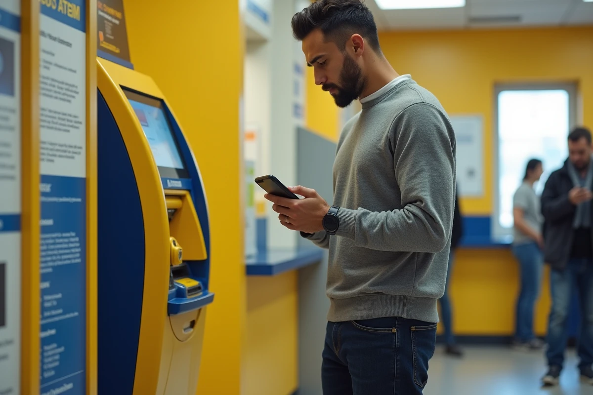 Homme consultant son téléphone devant un distributeur La Poste lors d'un refus de retrait d'argent