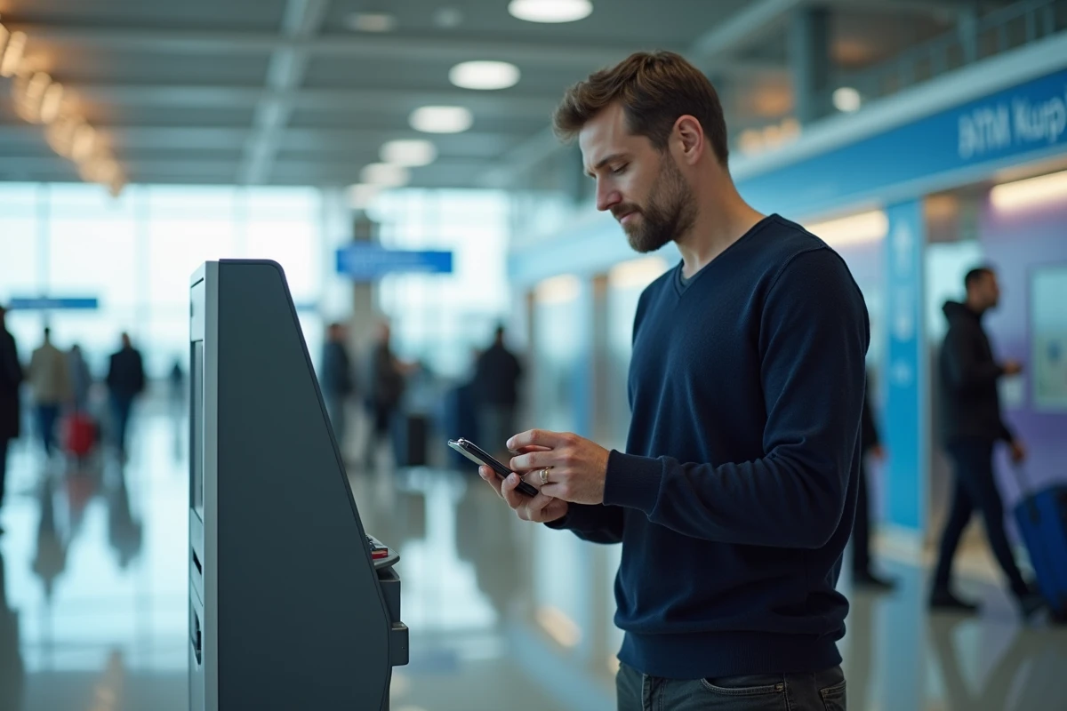 Homme utilisant un distributeur automatique de billets dans un terminal d'aéroport international lors d'un voyage