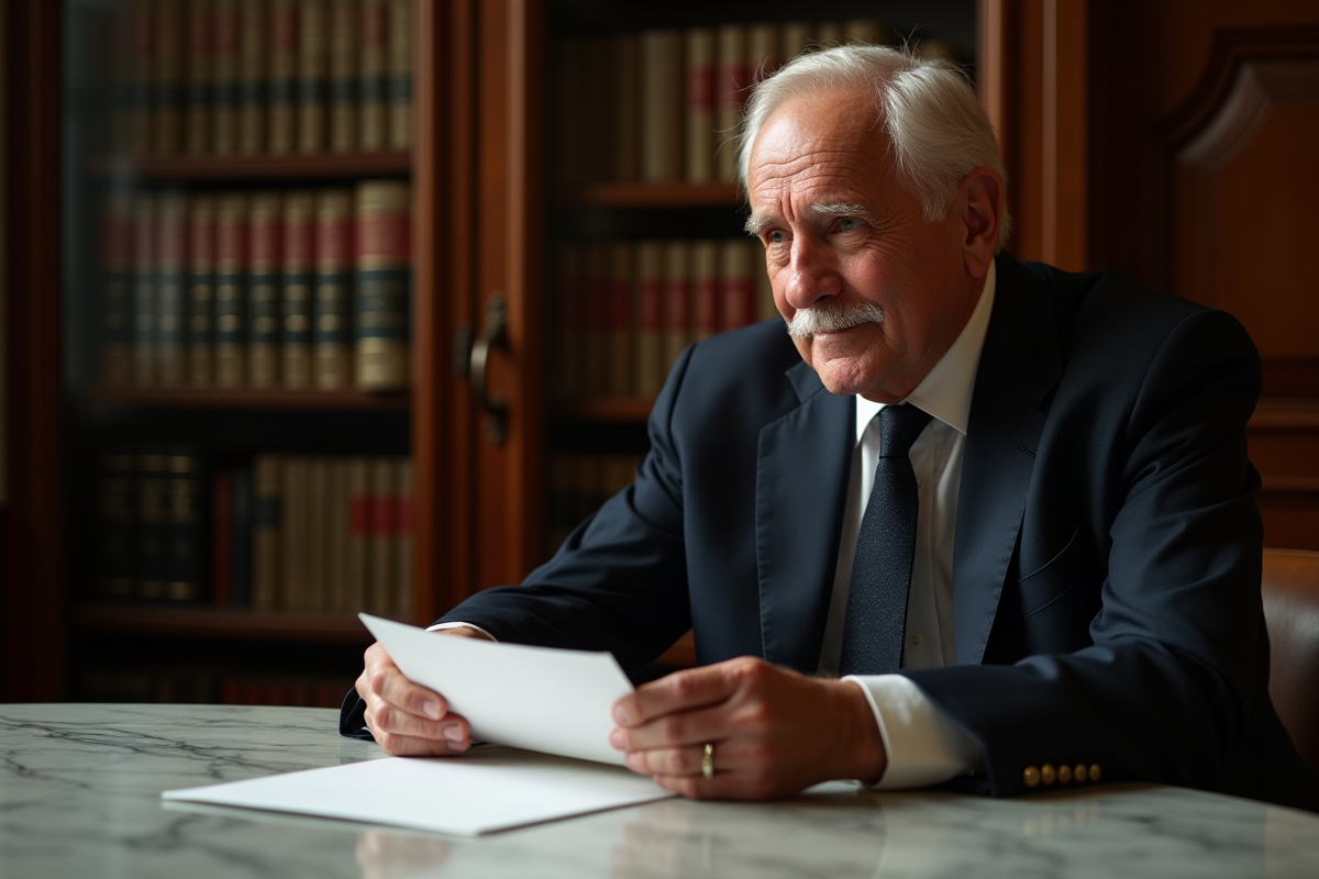 Homme âgé plaçant une lettre dans une enveloppe dans un lieu officiel