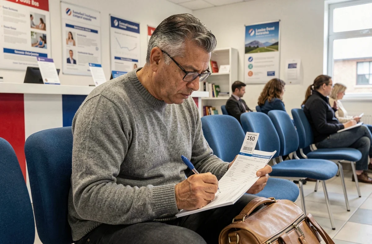 Un homme étranger remplissant un formulaire d'assurance voyage dans une mutuelle française