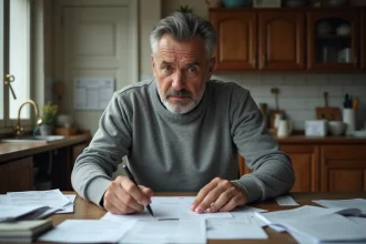 Homme en situation de fichage bancaire remplissant une demande de prêt urgent à son domicile