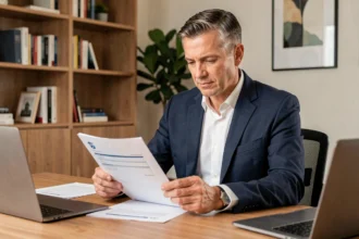 Homme d'affaires en blazer marine étudiant des documents financiers liés à l'investissement en SCPI dans un bureau à domicile moderne
