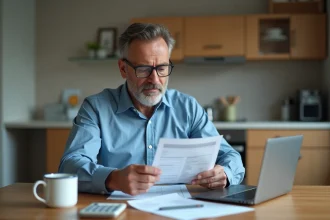 Homme d'âge moyen vérifiant un document fiscal à la maison