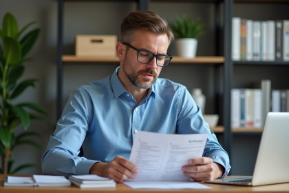 Homme en chemise bleue examine des relevés bancaires dans un bureau