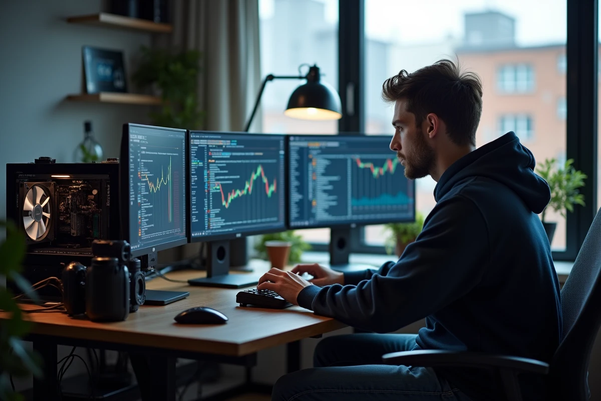 Jeune homme concentré devant ses écrans de minage crypto