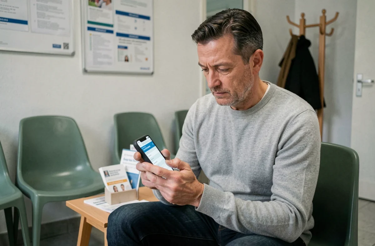 Homme consultant une mutuelle santé solidaire sur son téléphone dans une salle d'attente médicale