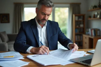 Homme d'âge moyen organisant ses documents fiscaux à la maison