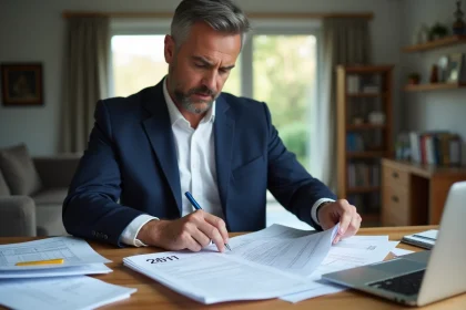 Homme d'âge moyen organisant ses documents fiscaux à la maison