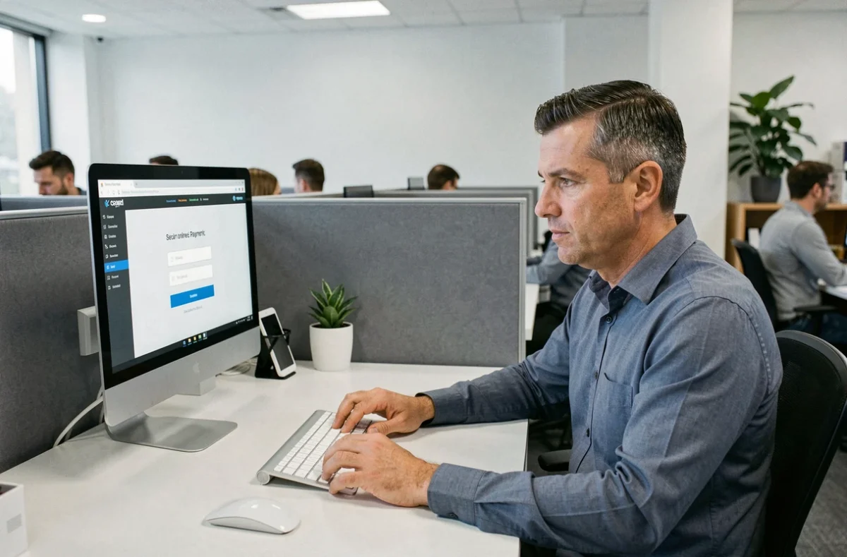 Homme effectuant un paiement sécurisé en ligne depuis un poste de travail en open space