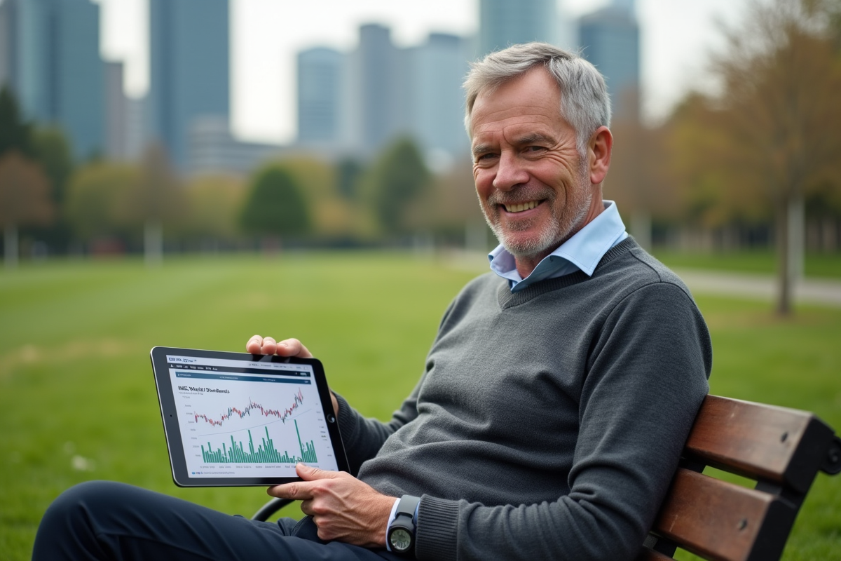 Homme détendu consulte une tablette avec un graphique de dividendes