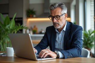 Homme en costume bleu analysant des données ETF à la maison