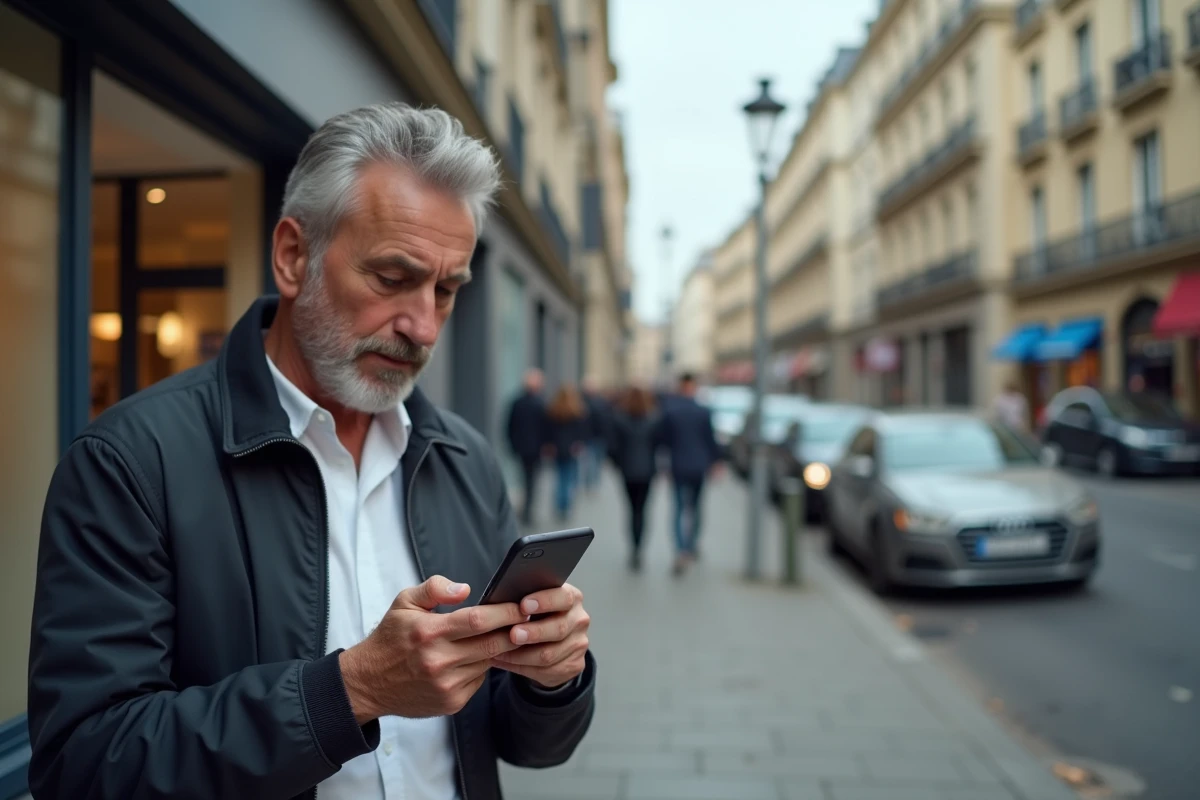 Homme interdit bancaire recherchant un prêt immédiat sans refus sur son téléphone en ville
