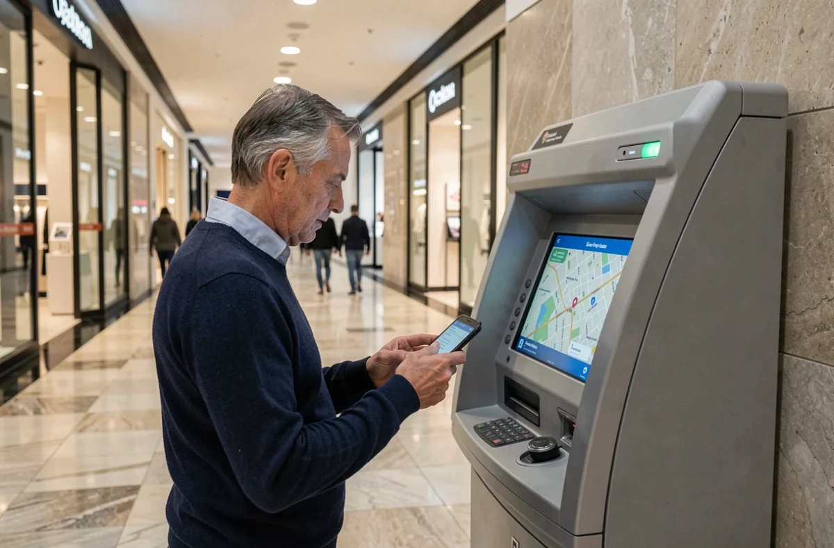 Homme consultant une carte sur smartphone pour localiser un distributeur de billets dans un centre commercial moderne