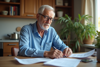 Homme âgé aux cheveux gris lisant des documents de retraite