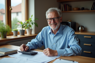 Homme d'âge moyen souriant avec papiers et calculatrice