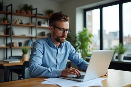 Homme en chemise bleue examine documents fiscaux à son bureau