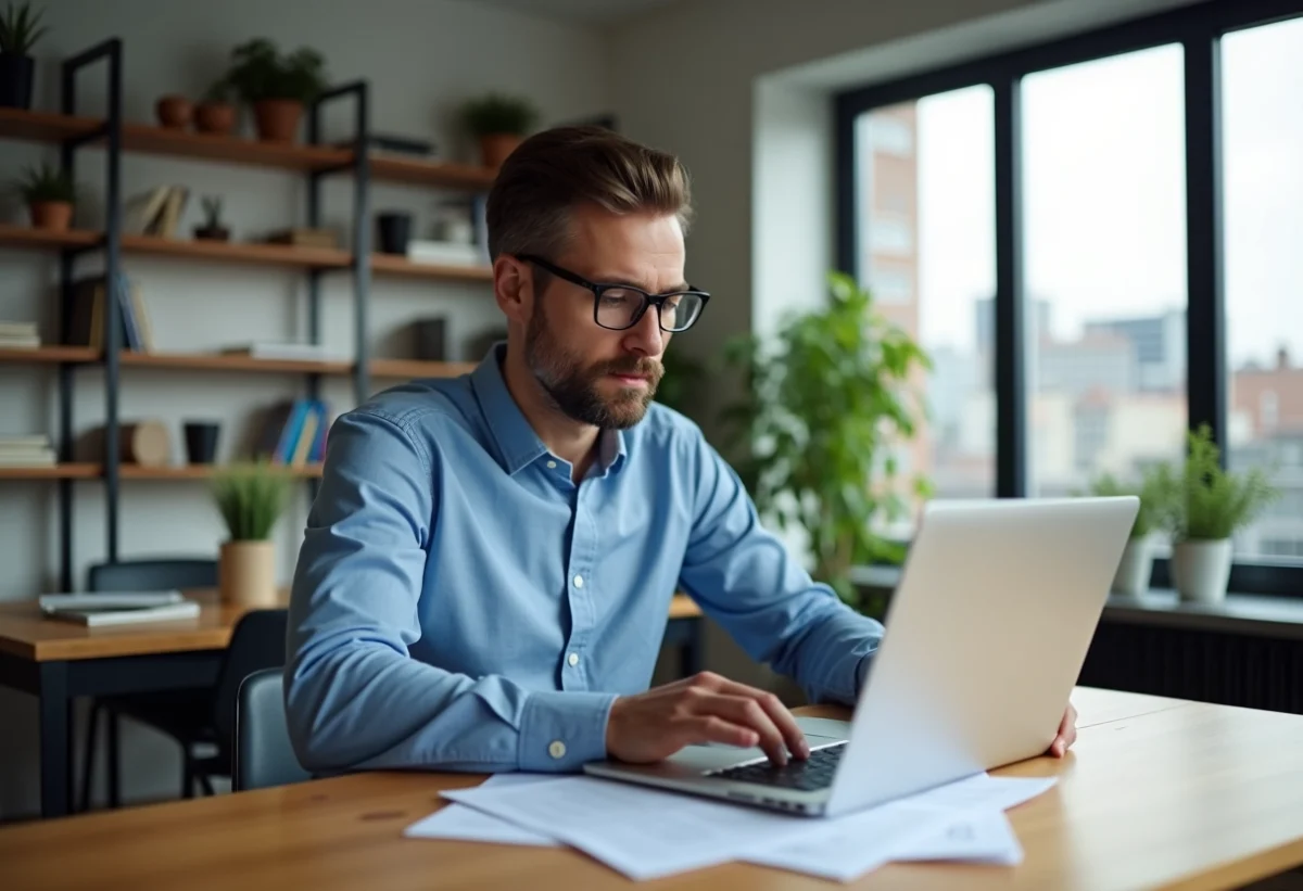 Homme en chemise bleue examine documents fiscaux à son bureau