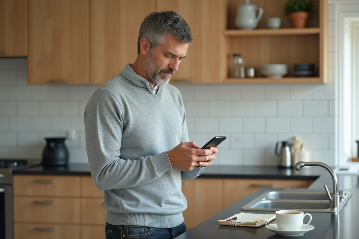 Homme consultant un simulateur de calcul ARE sur son smartphone dans une cuisine