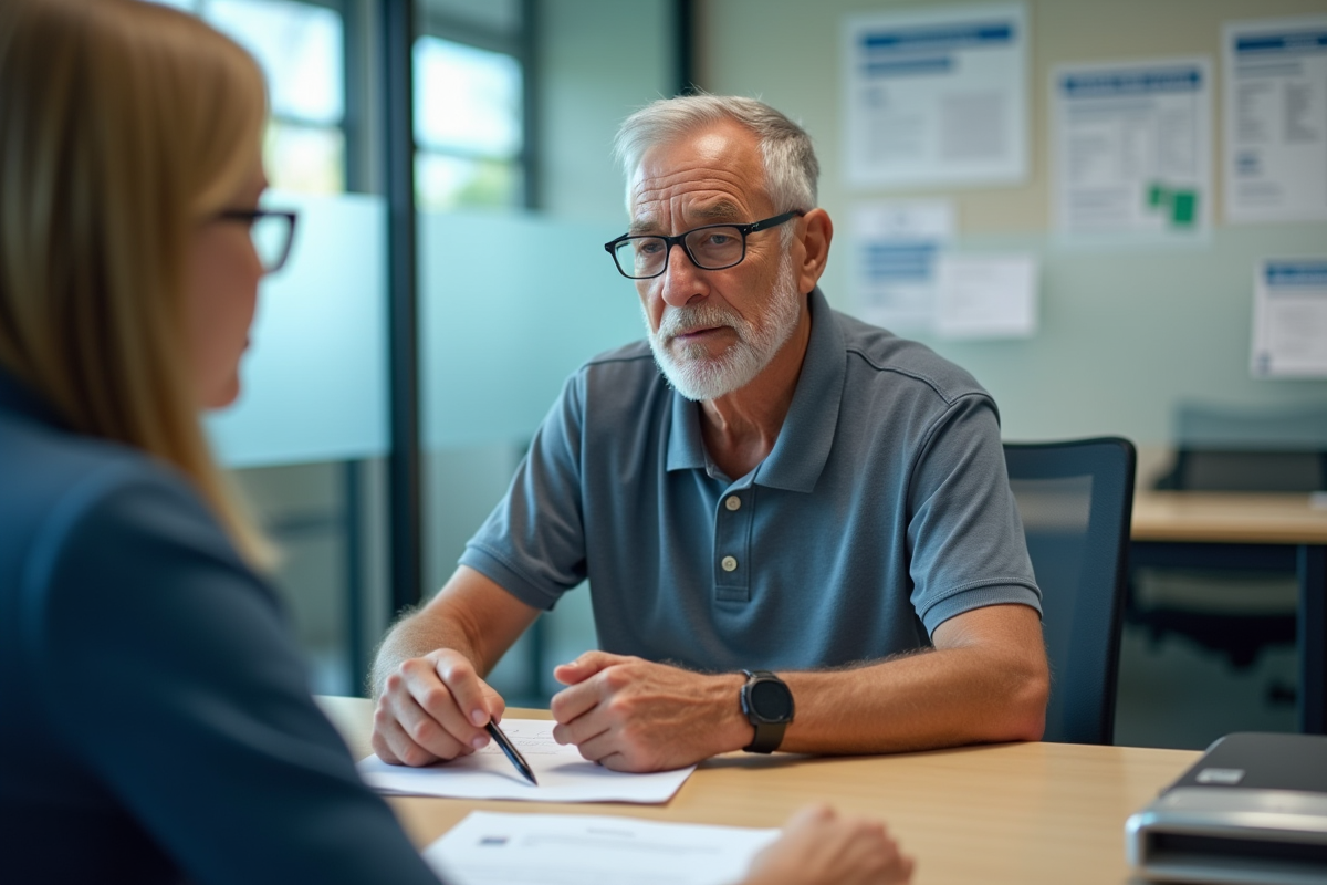 Homme retraité discutant avec un conseiller social dans un bureau moderne