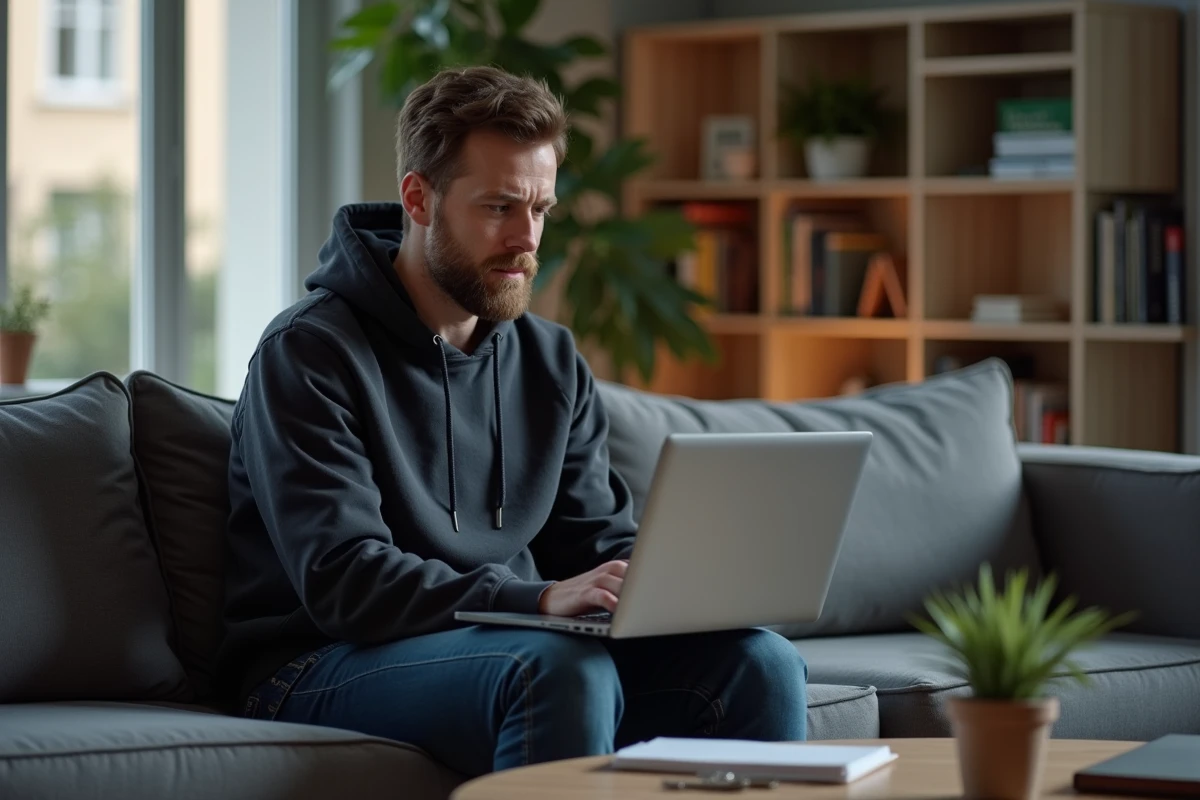 Jeune homme consultant le simulateur de prime d'activité sur son ordinateur portable dans son appartement