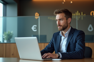 Homme en costume bleu examine des transactions crypto dans une banque