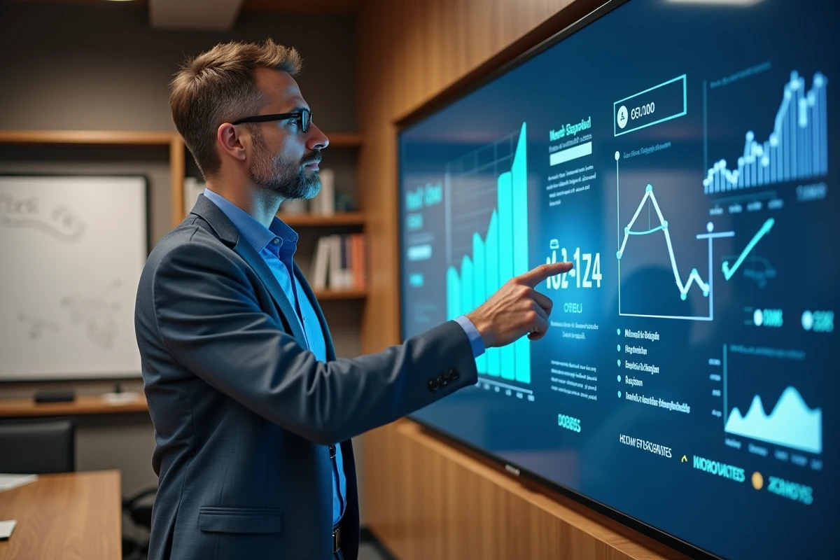 Homme en réunion utilisant un écran interactif pour présenter