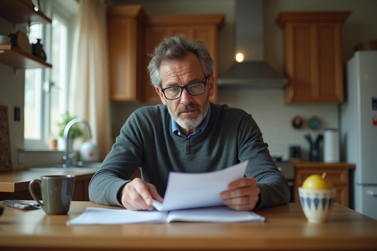 Homme triant des papiers dans sa cuisine à la maison