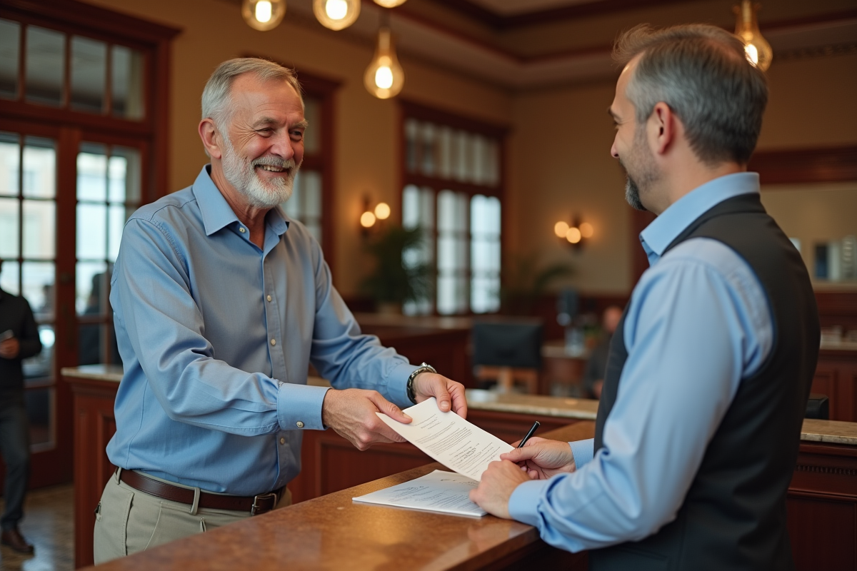 Homme mature remettant un document à un guichet bancaire