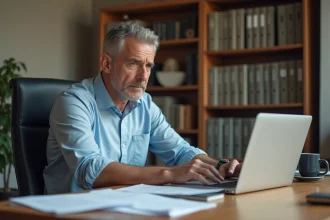Homme scrutant un site de créances publiques sur ordinateur avec des documents administratifs épars sur son bureau