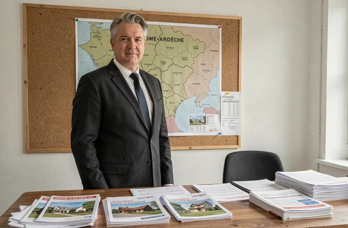 Courtier Honexia Drôme-Ardèche devant une carte régionale avec des dossiers de financement immobilier