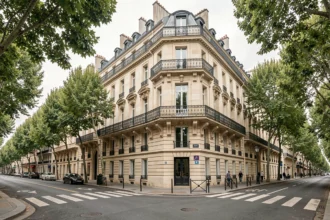 Boulevard haussmannien à Paris avec immeubles en pierre calcaire et balcons en fer forgé, illustrant le marché immobilier francilien