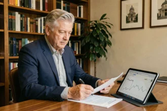 Investisseur prudent analysant des documents financiers liés à la SCPI Cristal Rente dans un bureau professionnel